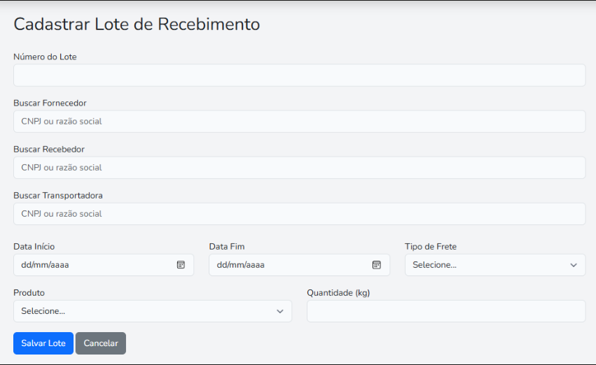 Cadastrar Lote de Recebimento